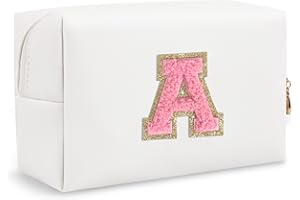 CHAOGREAT Personalized Makeup Bag Initial A-Z Preppy Patch Bag,Small PU Leather Travel Cosmetic Bag Pouch with Zipper,White Cute Toiletry Bag,Gift Ideal for Teen Girls Women Birthday Friend Mom,Letter A