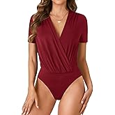 OPOIPIN Women's Wrap V Neck Ruched Short Sleeve Bodysuit Leotard Top Burgundy Small