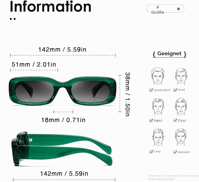 Sonnenbrille für Frauen Retro Fahrbrille Vintage Schmaler Quadratischer Rahmen UV400 Schutz (Transparenter grüner Rahmen/graue Linse mit Farbverlauf) — Foto 3 von 6