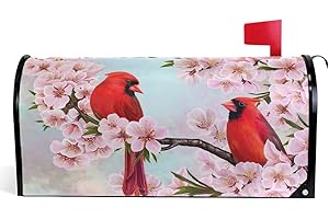 Wamika Spring Flowers Birds Mailbox Covers Magnetic Summer Sakura Red Cardinal Mailbox Cover Oversized 25.5" X 21" Mailbox Wraps Post Letter Box Cover Home Garden Decorations