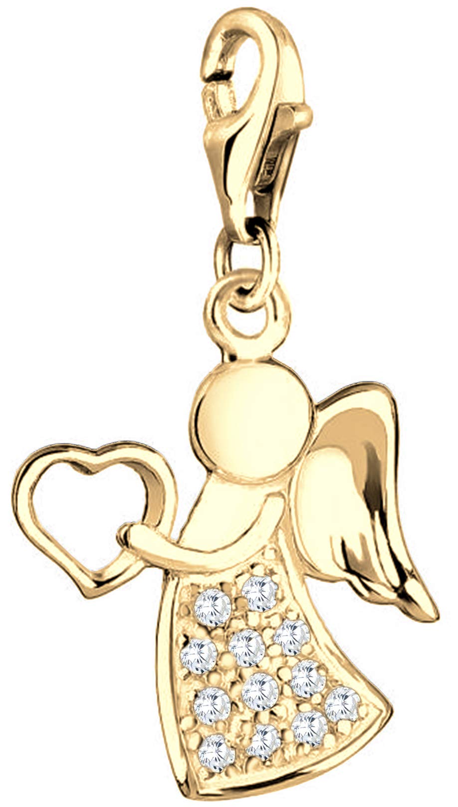 Nenalina Angel with Heart Charm Gold-Plated 925 Sterling Silver for Women, Lucky Charm with Crystals, fits All Standard Charm Bracelets and Charm Necklaces, Colour Gold, 0403971319