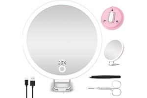JADAZROR 20X Magnifying Mirror with Lights, 6'' Lighted Travel Magnified Mirror 20X High Magnification Travel Makeup Mirror with Lights, Handheld Makeup Magnifying Mirror with Suction Cups & Adjustable Bracket