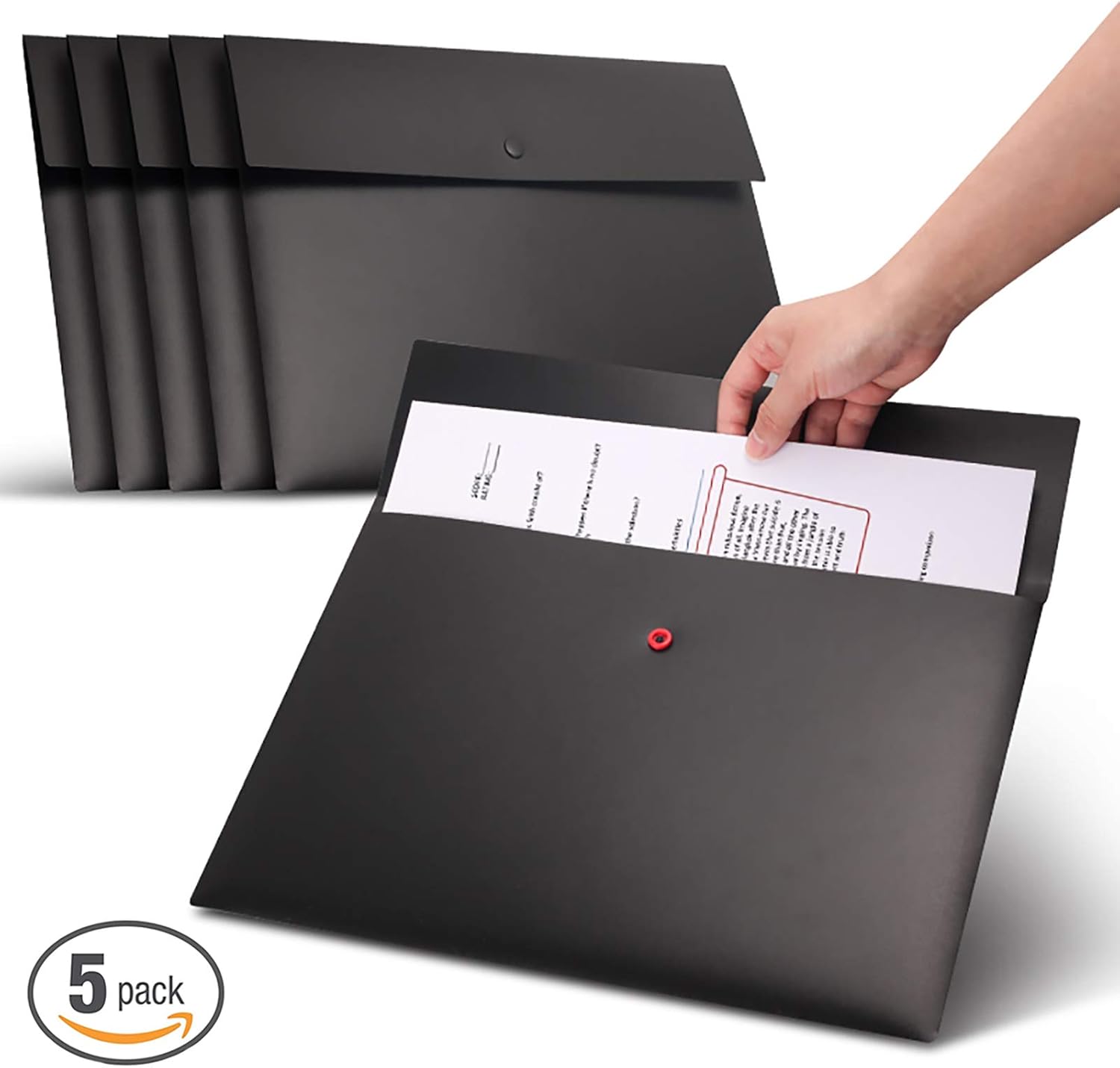 VANRA Poly File Folder Pockets File Jacket Plastic Envelope Flat Document Letter Organizer with Snap Button Closure A4 Letter Size (Pack of 5, Black) : Office Products