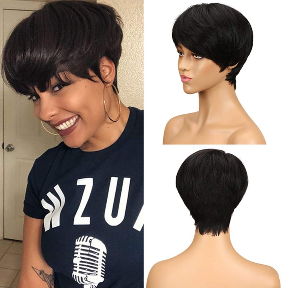 DÉBUT Human Hair Wigs for Women short Pixie Wigs Brazilian Virgin Hair 9 inches 63g (9 inches, 1B: Black)
