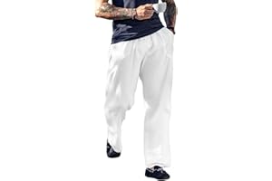 KAWATA Mens Casual Linen Pants Lightweight Elastic Waist Loose Fit Yoga Pant Beach Trouser