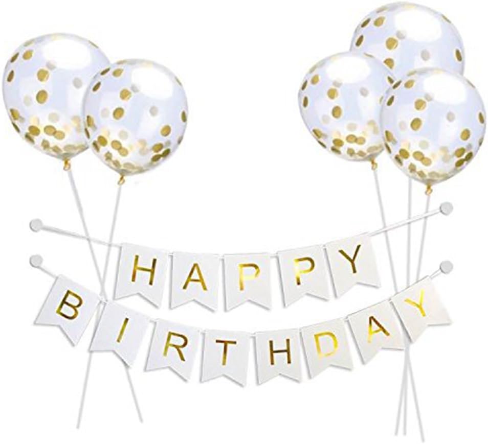 VANVENE Willaire Happy Birthday Banner &5 Pieces Gold Confetti Balloons Party Balloons with Golden Paper Confetti Dots for Birthday Party Decorations Wedding Decorations and Proposal