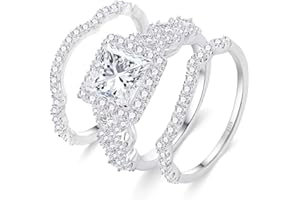 SSJSSJ 3CT Moissanite Wedding Ring Set for Women D Color VVS1 Princess Cut Halo Bridal Set Wedding Bands S925 Sterling Silver with 18K White Gold Plated Engagement Anniversary Rings for Her Size 4.5-9.5