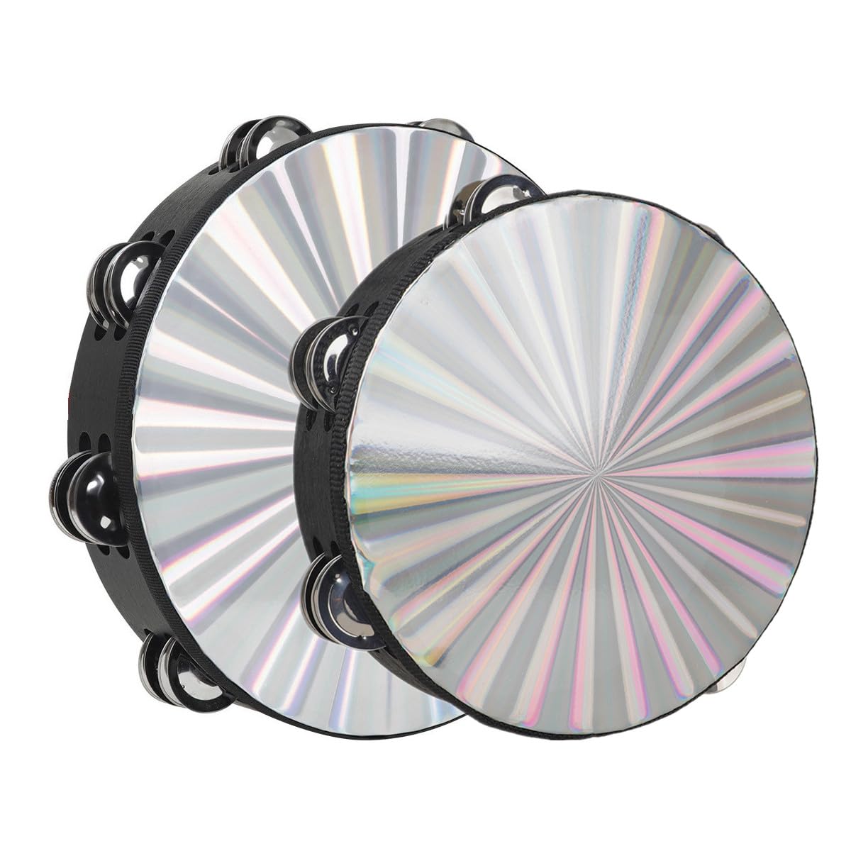 MuzcYM 2 Pack Radiant Tambourine with Double Row Jingles, 8/10 Inch Double Row Tambourines Wood Handbell Reflective Hand Drum Percussion Musical Instrument for Christian Dance, Church, KTV, Party