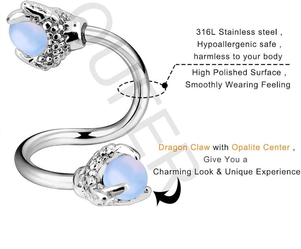 OUFER Twist Helix Earring 316L Stainless Steel Dragon Claw with Opalite Center 16G Twist Lip Labret Belly Bars Cartilage Earring Piercing Jewellery Steel - Image 4