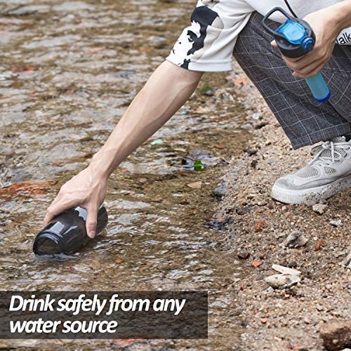 Water bottle with carbon filter, Tritan material, priced at $19.99.