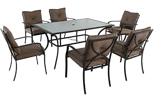 Hanover Palm Bay Patio Rectangular Glass-Top Table and 6 Plush Cushioned Chairs, Modern Weather Resistant Outdoor Furniture with Sturdy Bronze Frames, 7 Piece Dining Set, Steel/Tan