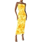 PRETTYGARDEN Women's Summer Wedding Guest Dress Strapless Tube Top Maxi Bodycon Long Floral Mesh Beach Vacation Party Dresses