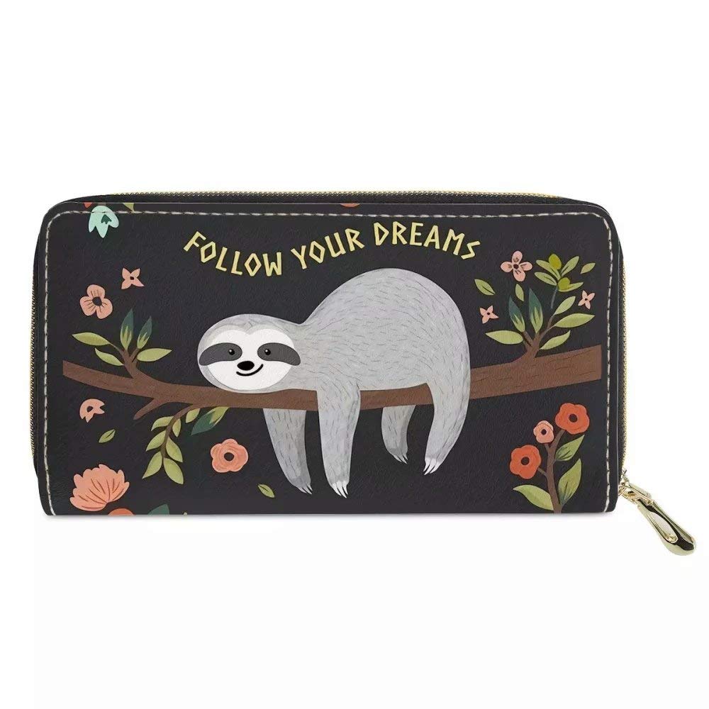 chaqlin Follow Your Dream Cute Sloth Multi Credit Card Wallet for Womens Ladies Gifts,PU Leather Travel Business ID Cards Notes and Coins Money Bags Phone Case(Black)