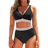 Yonique Women's High Waisted Bikini - Twist Front Two Piece Swimsuit Color Block Full Coverage Bathing Suit