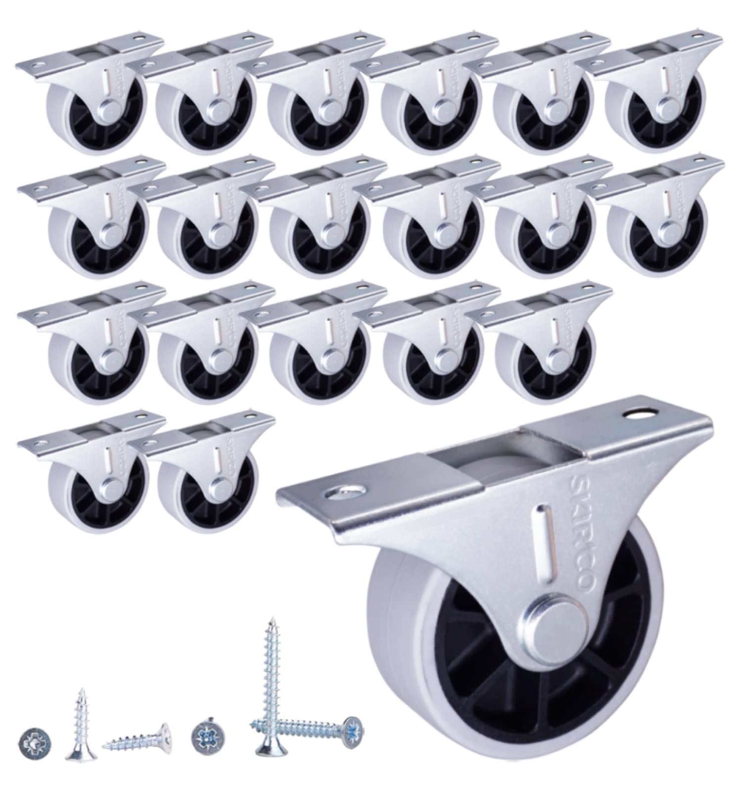 SKIR'CO (20 pcs) 40 mm Rubber Wheels, Furniture Castors, Fixed Casters, Non-Swivel, Screws Included