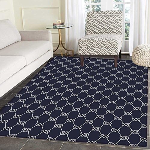 Navy Blue Mats for Bedroom Navy Inspired Sailor Knot Rope Pattern Illustration Nautical Abstract Design Circle Mats for Living Room 4'x5' Dark Blue Cream