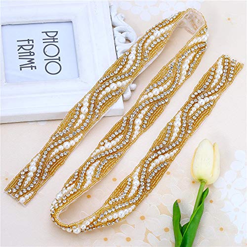 Gold Beaded Bridal Rhinestone Applique Trim 1 Yard with Crystal Pearl for Wedding Dress Sash Prom Party Formal Belts (36x1.2in)