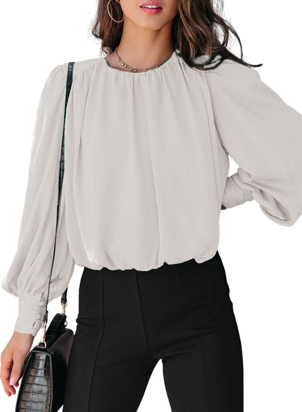 Photo 1 of Dokotoo Womens Casual Fall Tops and Blouses for Women 2024 Tops Padded Shoulder T-Shirts Long Sleeve Elegant Work Dressy Tunic Top Loose Shirts White Large
