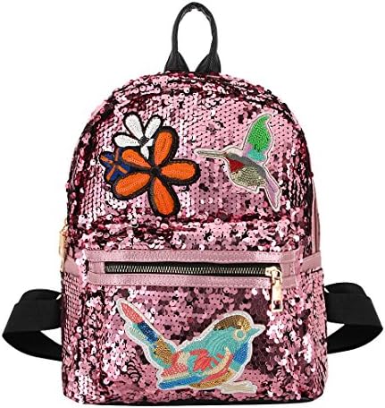 Candice Women Shiny Sequins PU Leather Shoulder Bag Satchel Backpack School Bag(Pink)
