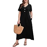 LARACE Womens Plus Size Short Sleeve Dresses Casual V Neck Button Up Pleated Flowy Long Maxi Dress with Pockets L-6XL
