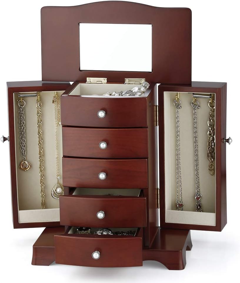 Jewelry Box - Made of Solid Wood with Tower Style 4 Drawers Organizer and 2 Separated Open Doors on 2 Sides and Large Mirror Brown: Home Improvement