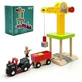 Wooden Train Track Accessories Wooden Crane Toy Set with Train Cars for 3 4 5 Year Old Boys Kids Other Major Wooden Rail Brands are Compatible (Multi-Function Crane)