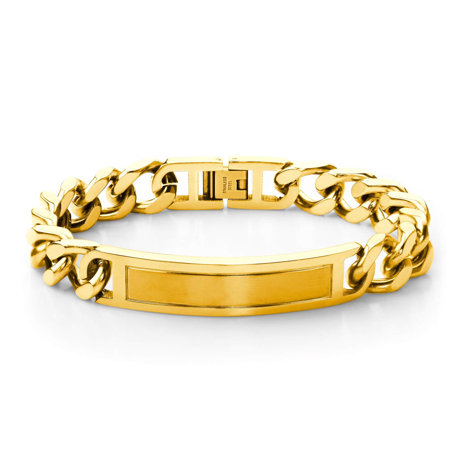555Jewelry Mens Stainless Steel Metal Bar Plate Tag Cuban Link Curb Adjustable Jewelry Fashion Accessory Wristband Chain ID Bangle Bracelet, Yellow Gold 8 Inch