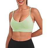 Buauty V Neck Sports Bra for Women, Padded Push up Women's Sport Bras Adjustable Thin Straps, Light Support Yoga Camisole Basic Top, Low Impact Spaghetti Strap Sport Racerback Bras Green XS