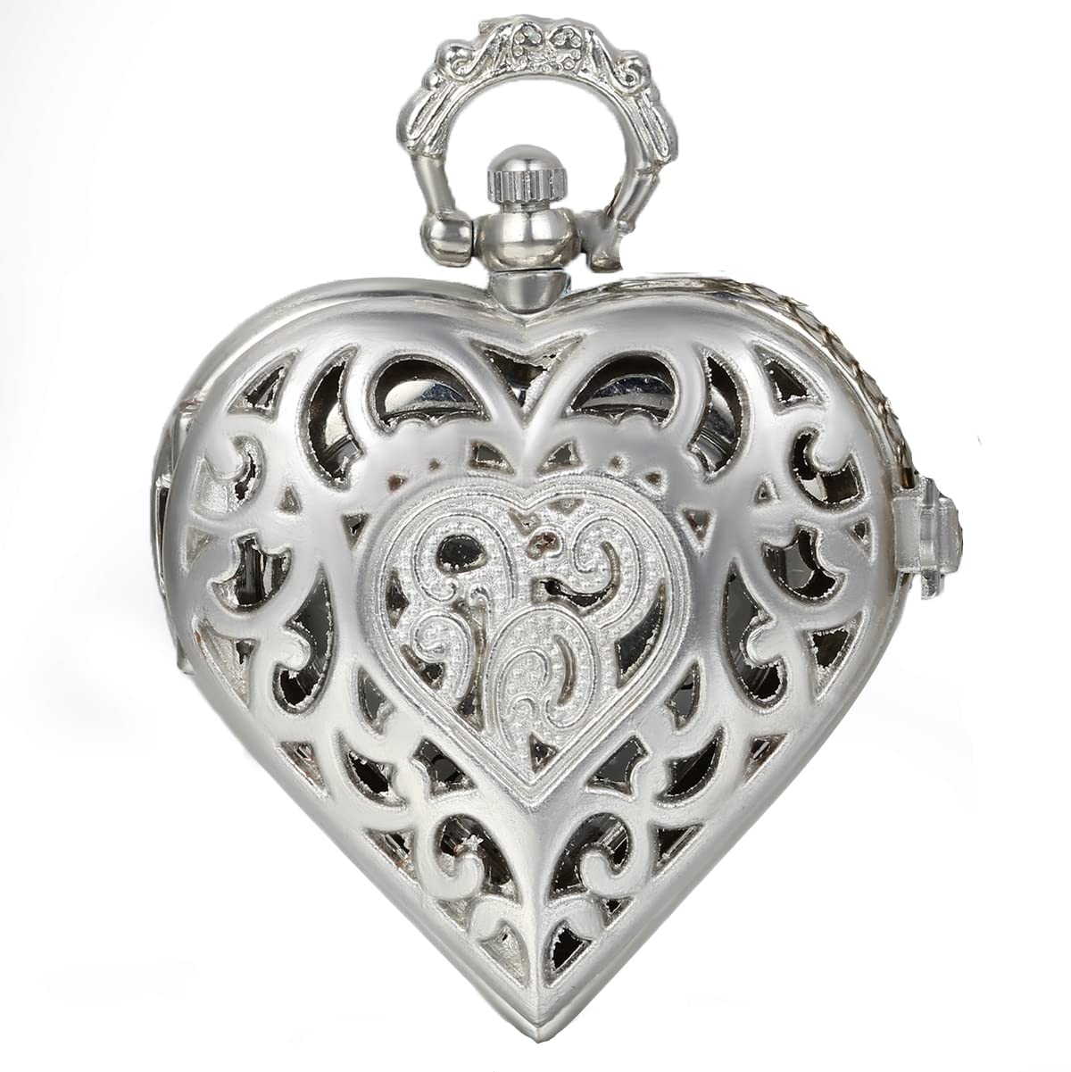 JewelryWe Silver Tone Heart Shape Pocket Watch Quartz Hollow Pendant Necklace 34 Inches Chain