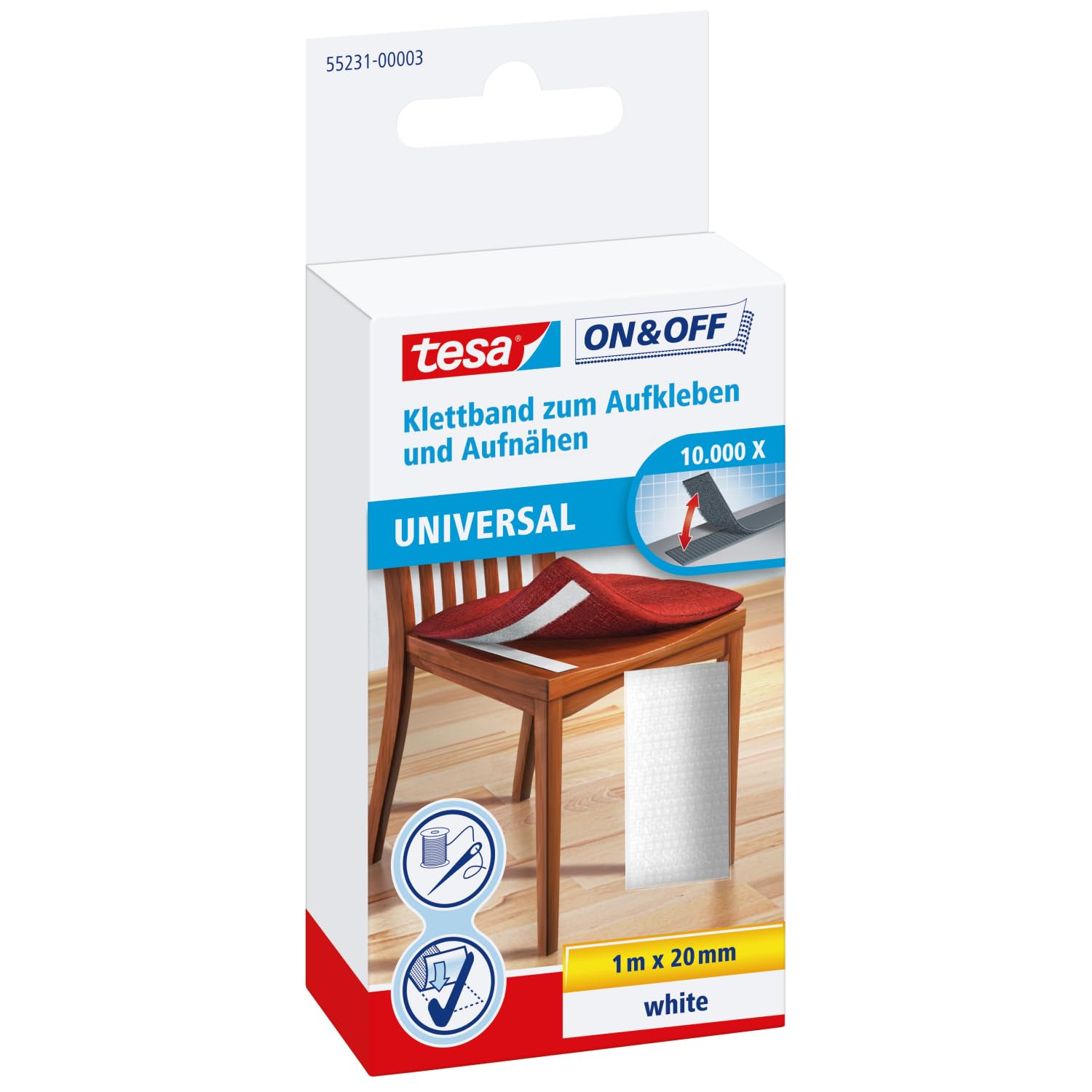 tesa 55231 On/Off Hook and Loop Sew and Stick Tape, 20mm x 1m - White 55231-00003-01