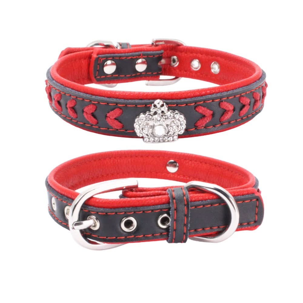 haoyueer Braided Soft Padded Genuine Leather Dog Collar, Rhinestone Crown & Stylish Braided Dog Collar, Fits Small Medium Large Breeds (L, Red)