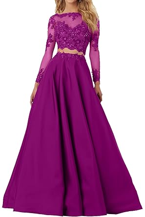 Milano Bride Damen Elegant Fuchsia Lang Abendkleider Ballkleider mit Spitze Abschlussballkleider Zwei-teilig