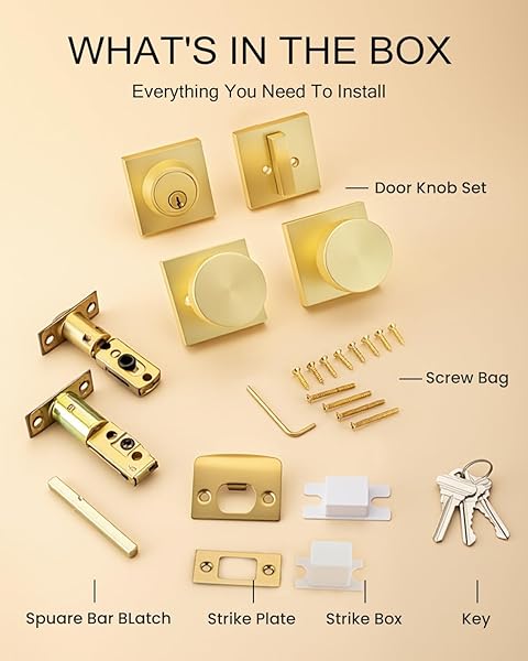 HAIDMS GOLD DOOR KNOBS WITH DEADBOLT, HEAVY DUTY GOLD EXTERIOR DOOR KNOBS, ZINC-ALLOY BRUSHED BRASS FRONT DOOR KNOB AND DEADBOLT SET (2 PACK)