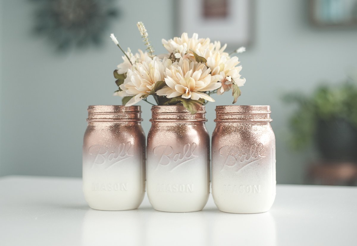 Home Decor Vases 3 Ombre Rose Gold Mason Jar Vases For Wedding