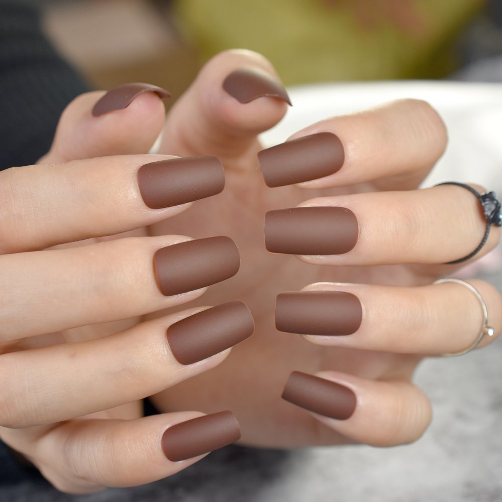 CoolNail Matte Coffee Brown Square Head False Nails Middle-long Full Cover Chocolate Fake Nail