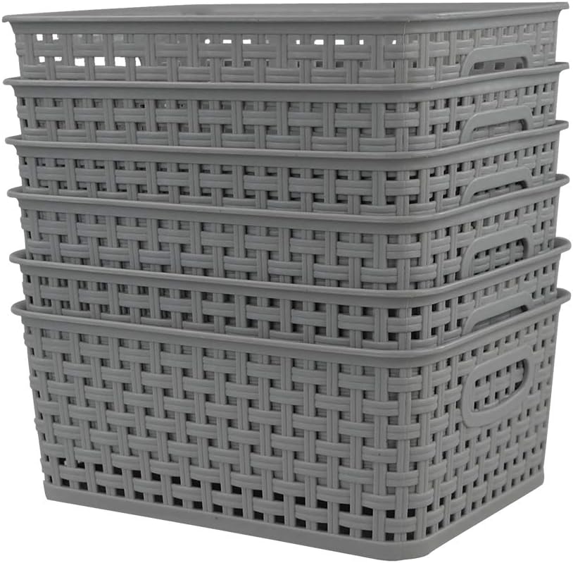 Yarebest Set of 6 Grey Plastic Woven Storage Basket Pantry Organizer