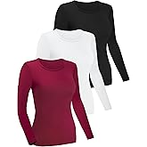 FEQO 3 Pack Women's Crewneck Long Sleeve Shirts Slim Fit Underscrubs Basic Comfort Long Sleeve Tops