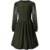 Little Bitty Girls Textured A-Line Swiss Dot Dress,Tulle Long Sleeve Ribbed Knit Crew Neck Midi Dress with Pockets 4-13 Years