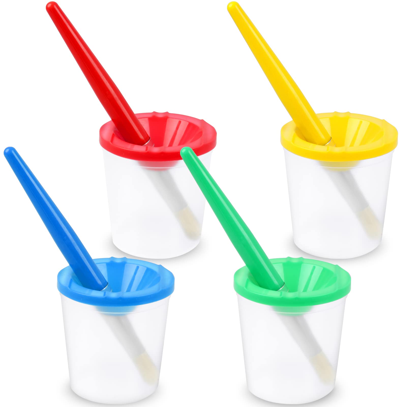 RNKP 4 Piece Children's No Spill Paint Cups with Colored Lids and 4 Piece Large Round Brush Set with Plastic Handles