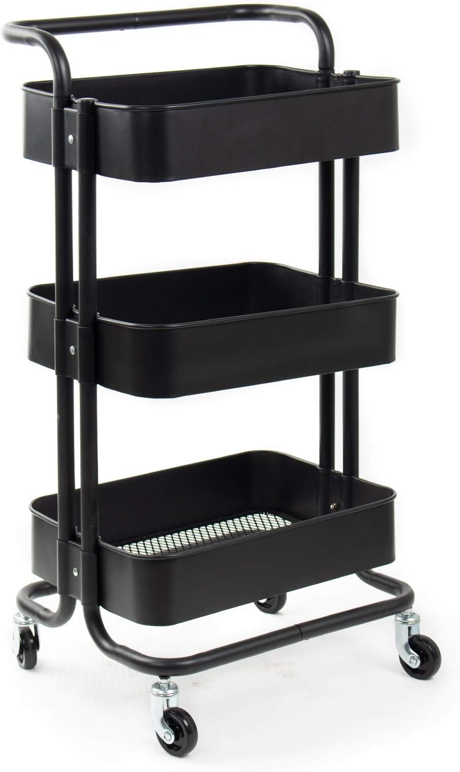 FOBUY 3 Tier Rolling Metal Shelving Utility Storage Cart with Wheels, Organizer Trolley，Suitable for Office，Warehouse，Home Kitchen or Outdoor (Black)