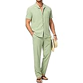 Dokotoo Men Men's Beach Outfit 2 Piece Casual Button Down Shirt Short Sleeve Loose Shirts and Pants Vacation Sets for Men