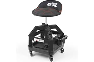 FreekyFit Rolling Stool, Shop Stool with Wheels, Garage Work Stool with Backrest, Roller Mechanic Chair, Adjustable Height, 360° Swivel, 330 LBS Capacity, Tool Tray Storage, Heavy Duty, Black