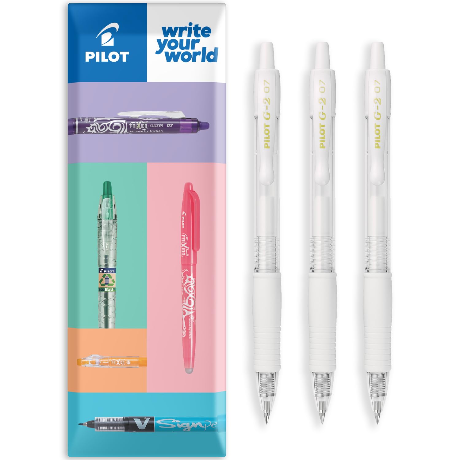 PILOT G-2 Retractable Gel Ink Rollerball Pens - 0.7mm Nib Tip - In Envelope Gift Packaging - Set of 3 - Pastel White Ink