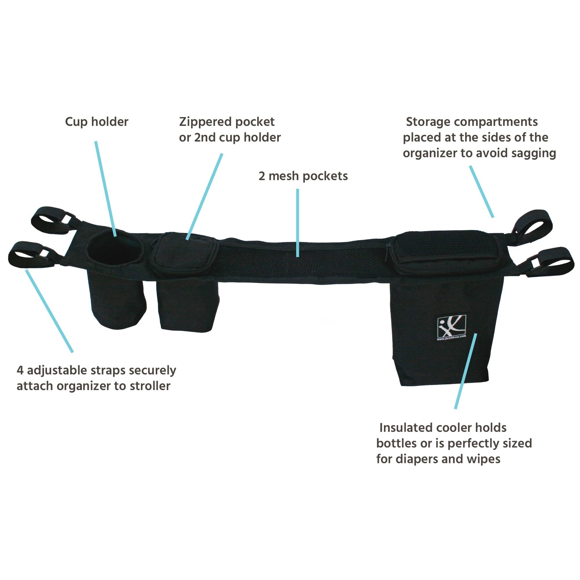 J.L. Childress DoubleCOOL Double Stroller Organizer - Stroller Accessory with Cooler and Storage - Includes Cup Holder, Cell Phone Pocket and Zippered Compartments - Black