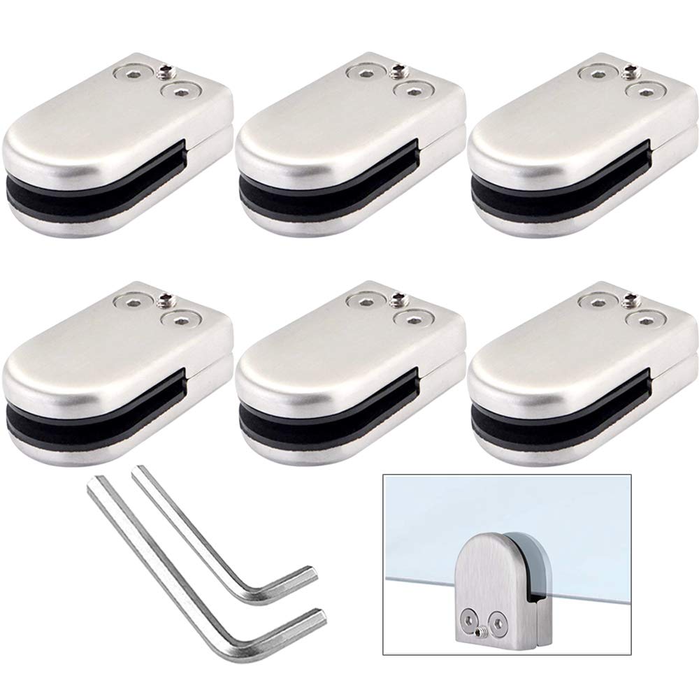 QitinDasen 6 Pieces 10～12 mm (L Size) Glass Clamps, 304 Stainless Steel Glass Clip Clamp, Adjustable Glass Clamp Bracket Flat Back, for Staircase Balustrade Handrail (Silver)