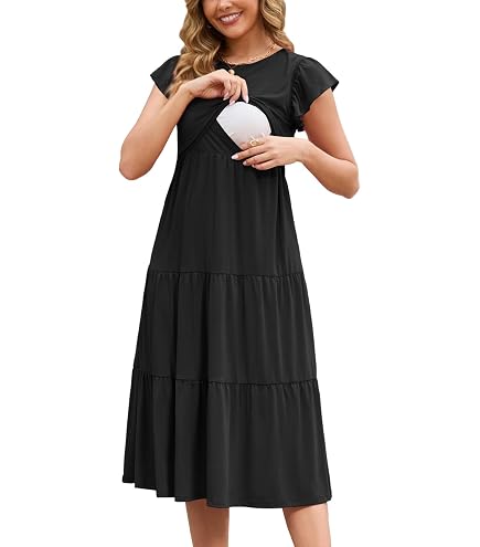 nursing friendly cocktail dress CzzzyL Womens Dresses Crew Neck Short Sleeve Wear for Pregnant Ruffle Tiered Flowy Breast Feeding Summer with Pockets(Black,Small) at Amazon Women's Clothing store Long Sleeve Velvet Emerald Fit:Modern Meet the dress moms 1013