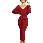 Chang Yun Women's Long Maxi Sweater Dresses Sexy Wrap Batwing V Neck Slit Open Back Holiday Bodycon Dress with Belt