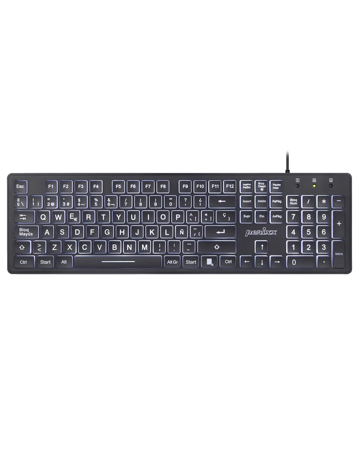 Perixx PERIBOARD 317 ES, Standard Backlit Keyboard, Large Printed Letters, Wired, Spanish QWERTY with Ñ, Black