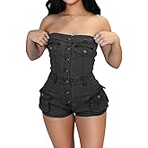 Kwunbwa Denim Shorts Jumpsuit for Women, Summer Cargo Casual Pockets One Piece Strapless Romper Jean Overalls Shorts