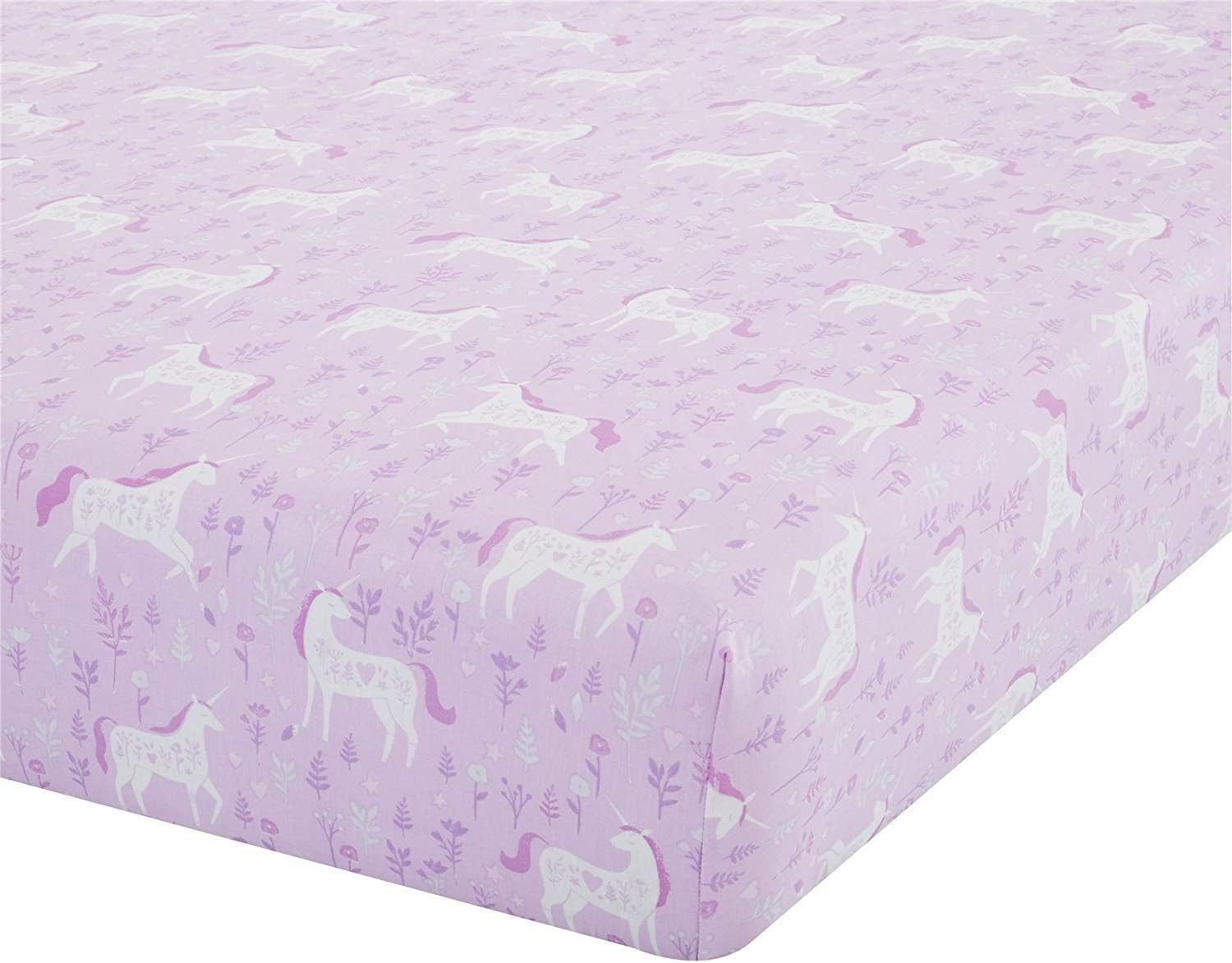 Unicorns Flowers Leaves Pink White Single 90CM X 190CM + 25CM Cotton Blend FITTED SHEET